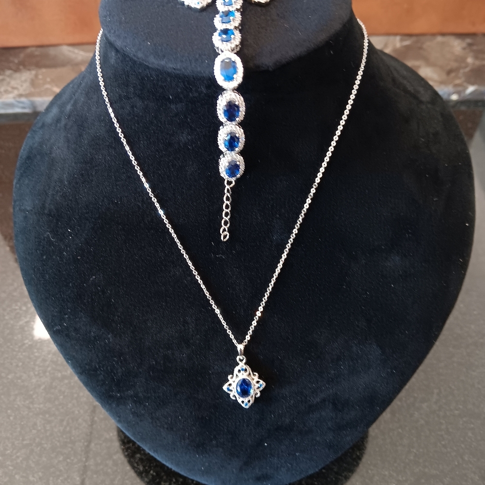 16" sterling silver and blue necklace, bracelet & earring set - Picture 1 of 2